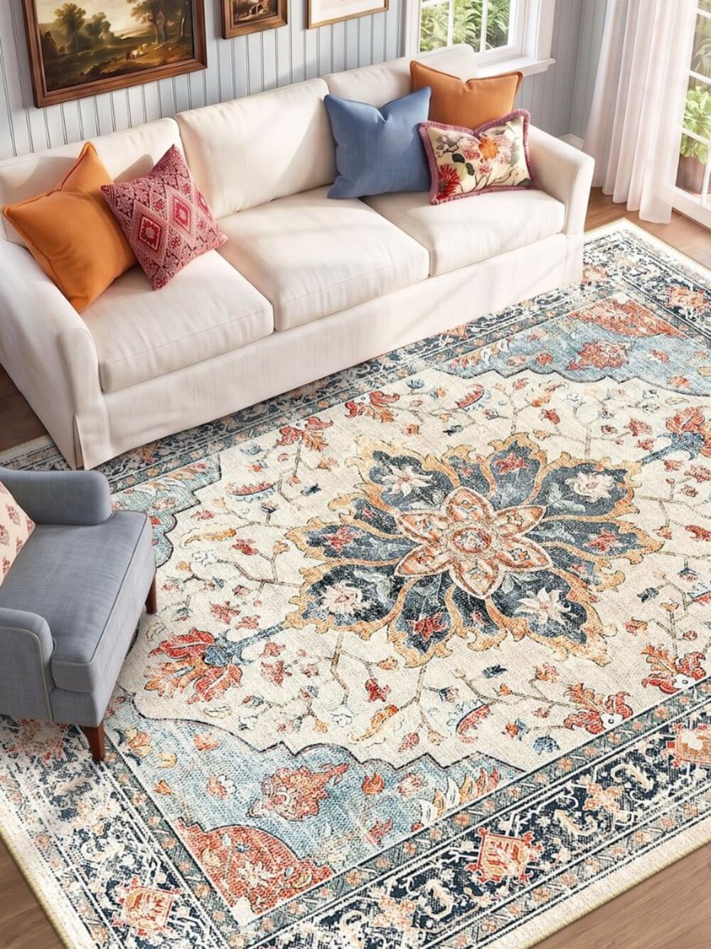 Washable Area Rug, 8'x10', Beige/Blue/Orange